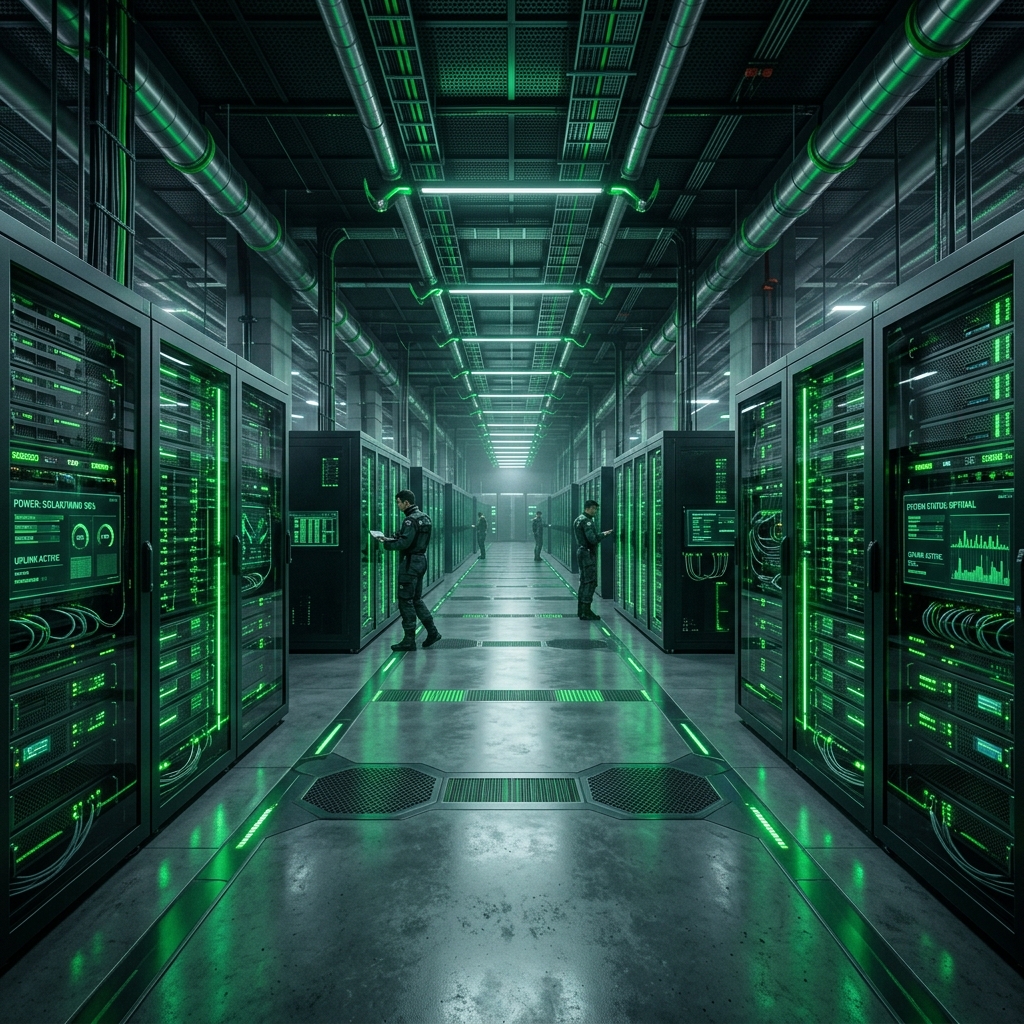 Sleek modern data center corridors powered by green energy