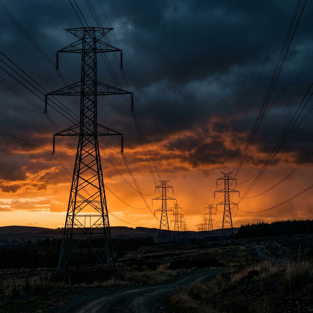 Transmission towers at twilight